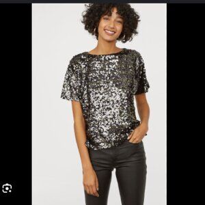H&M Black Silver Sequin Top Sparkle Loose Fit Holiday Party Size Small